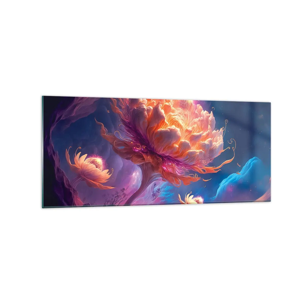 Obraz na szkle - Fantazyjne kwiaty w kosmicznym krajobrazie - 120x50cm - Inny świat - Nowoczesna dekoracja ścienna do salonu i sypialni ARTTOR
