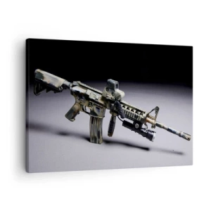 Obraz na płótnie - Nowoczesna broń w kolorze kamuflażu na ciemnym tle - 70x50cm - Zawsze grożny - Nowoczesna dekoracja ścienna do salonu i sypialni ARTTOR