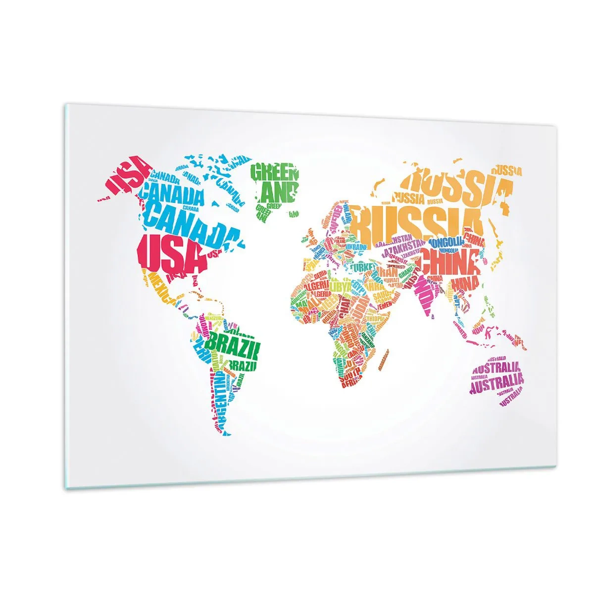 Obraz na szkle - Mapa świata w kolorowych napisach nazw krajów - 120x80cm - Chcę poznać wszystkie - Nowoczesna dekoracja ścienna do salonu, kuchni i sypialni ARTTOR