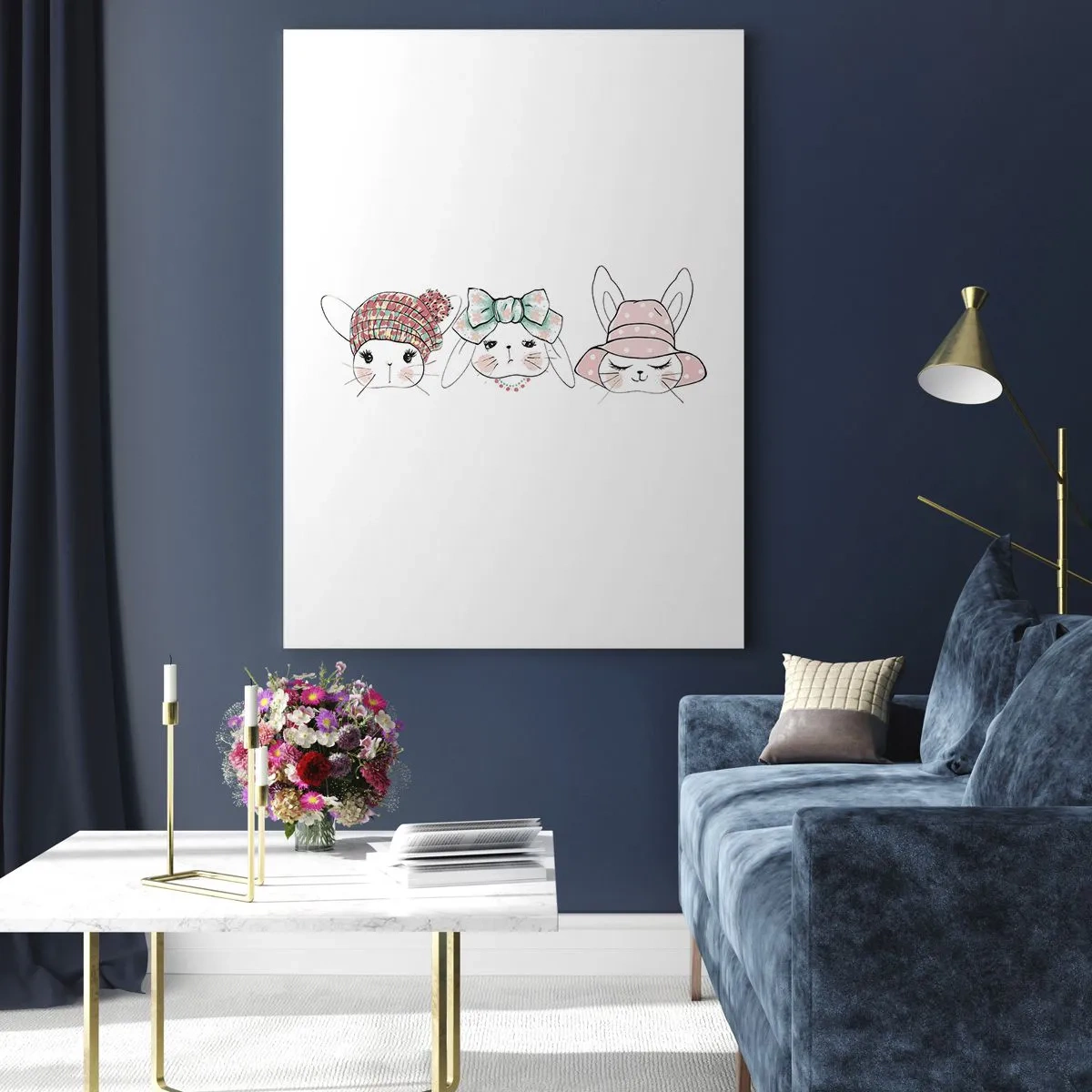 Obraz na szkle - Urocze króliczki w kapeluszach i kokardkach - 50x70cm - Zamyślona, smutna, zadowolona - Nowoczesna dekoracja ścienna do salonu, kuchni i sypialni ARTTOR
