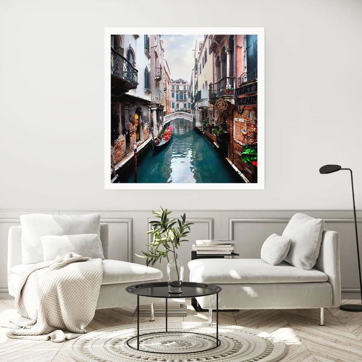 Plakat - Pejzaż wenecki z gondolą i mostkiem - 40x40 cm