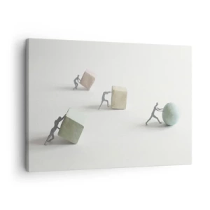Obraz na płótnie - Miniaturowe postacie pchające kształty na jasnym tle - 70x50cm - Samo życie - Nowoczesna dekoracja ścienna do salonu i sypialni ARTTOR