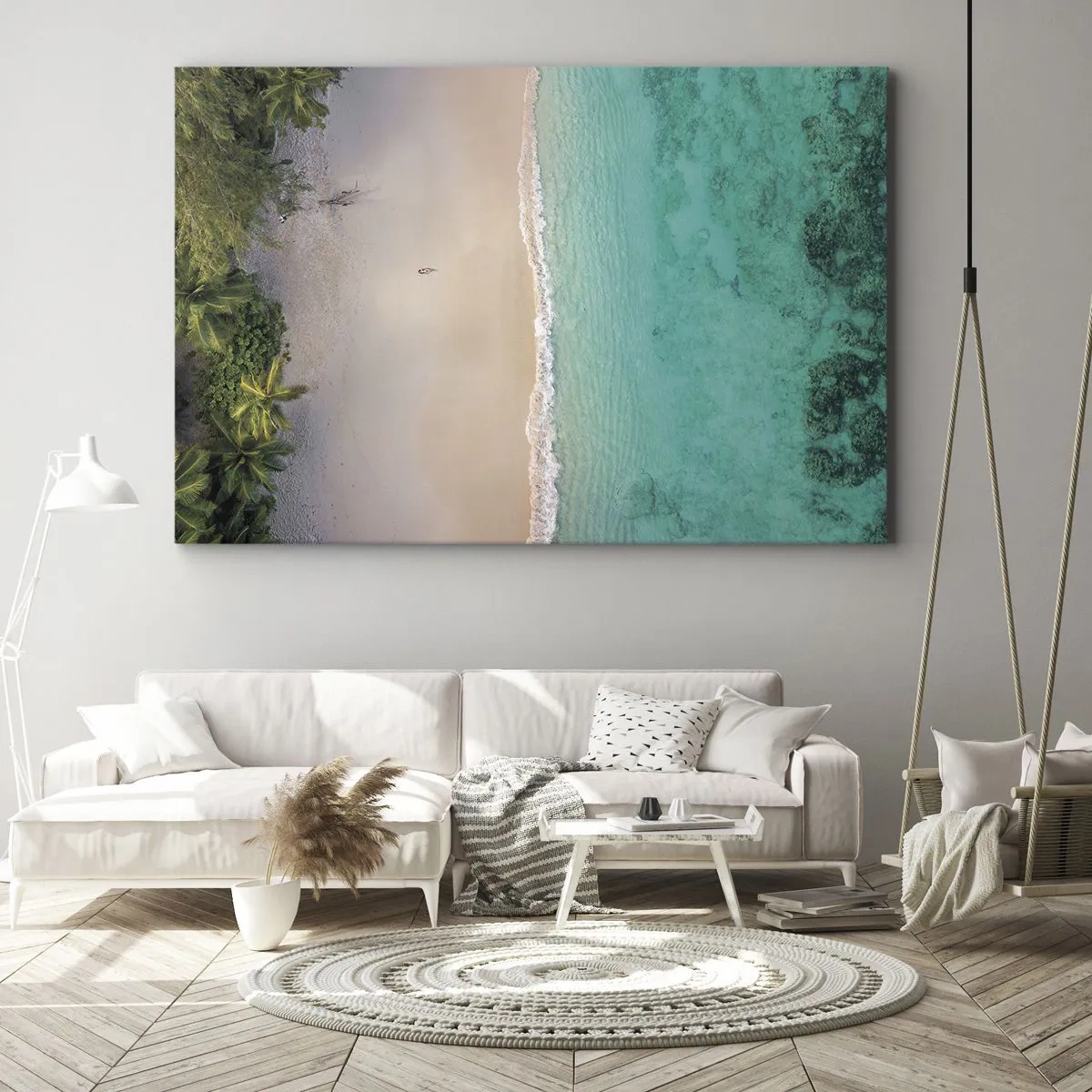 Obraz na płótnie - Tropikalna plaża z turkusową wodą z lotu ptaka - 70x50cm - Rajska plaża - Nowoczesna dekoracja ścienna do salonu i sypialni ARTTOR