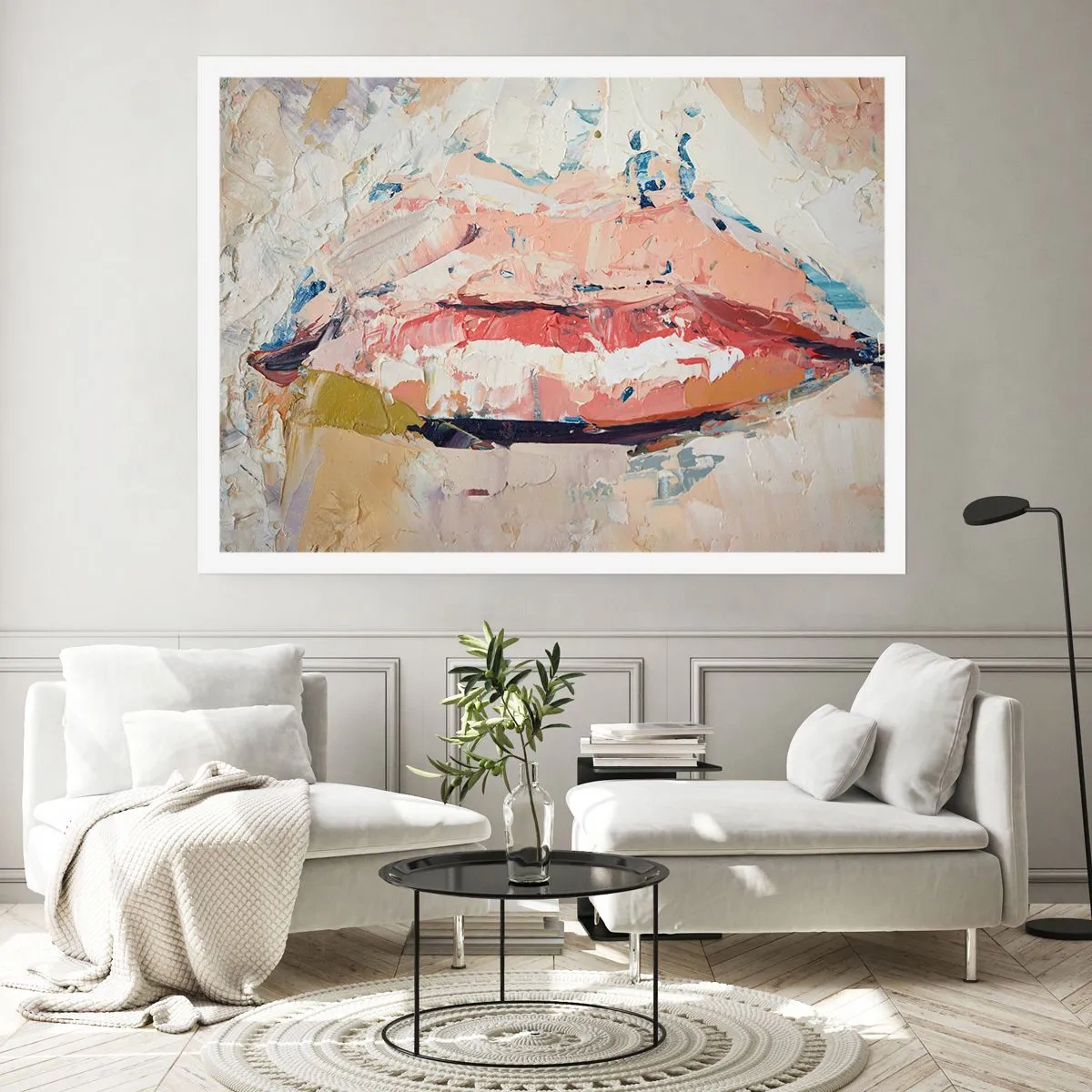 Plakat - Abstrakcyjna kompozycja przedstawiająca kobiece usta w pastelowych barwach - 100x70cm - Budzi zmysły - Nowoczesna dekoracja ścienna do salonu i sypialni ARTTOR