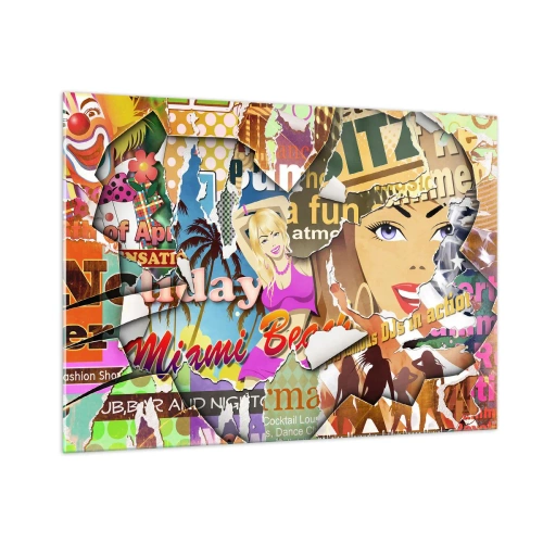 Obraz na szkle - Kolorowy kolaż retro z plakatami i grafiką - 100x70cm - Wakacyjne retrospekcje - Nowoczesna dekoracja ścienna do salonu, kuchni i sypialni ARTTOR