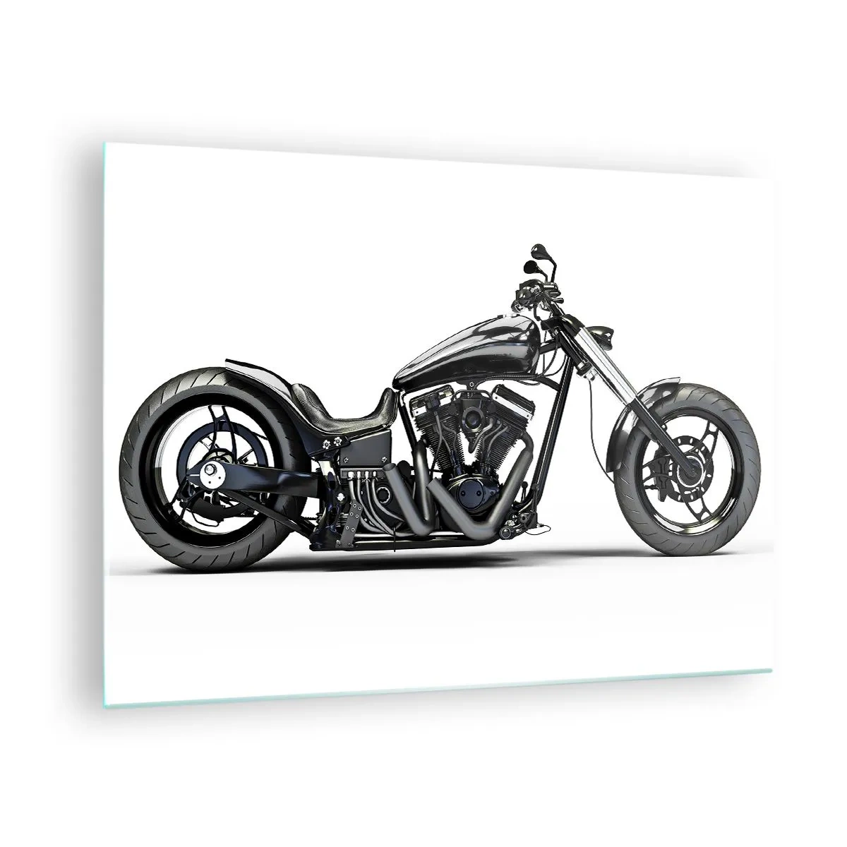 Obraz na szkle - Czarny motocykl custom na białym tle - 70x50cm - Dla kochających wolność - Nowoczesna dekoracja ścienna do salonu i sypialni ARTTOR