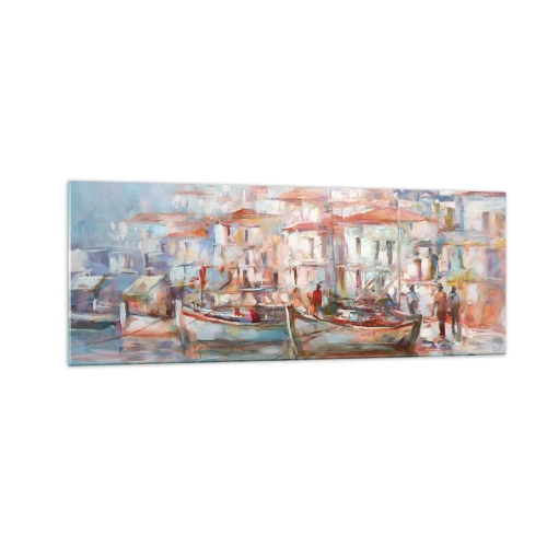 Obraz na szkle - Impresja portowa z łodziami i budynkami - 140x50cm - Pastelowe wakacje - Nowoczesna dekoracja ścienna do salonu i sypialni ARTTOR