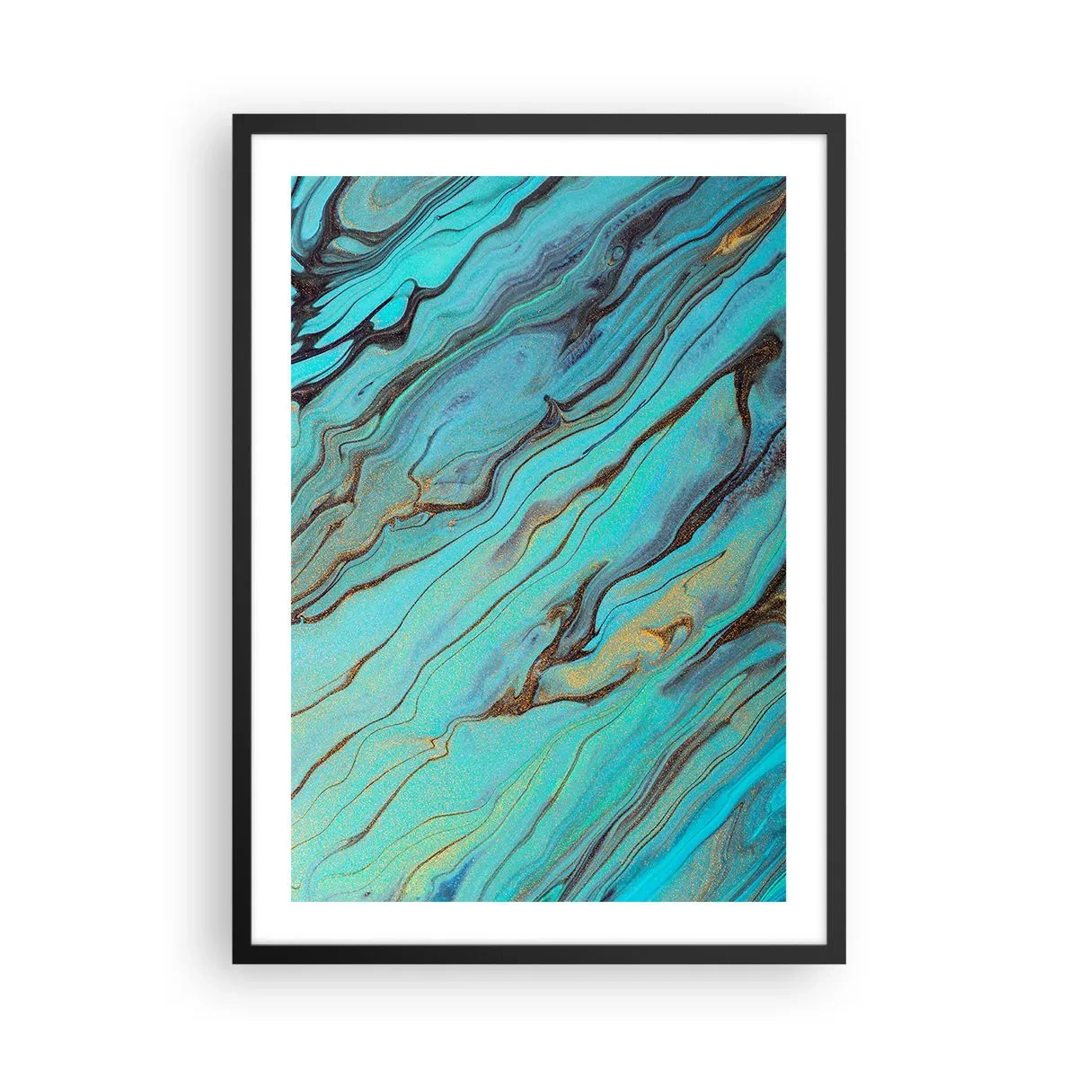 Plakat w czarnej ramie - Abstrakcyjne wzory w odcieniach turkusu i złota - 50x70cm - Turkusowy przypływ - Nowoczesna dekoracja ścienna do salonu i sypialni ARTTOR