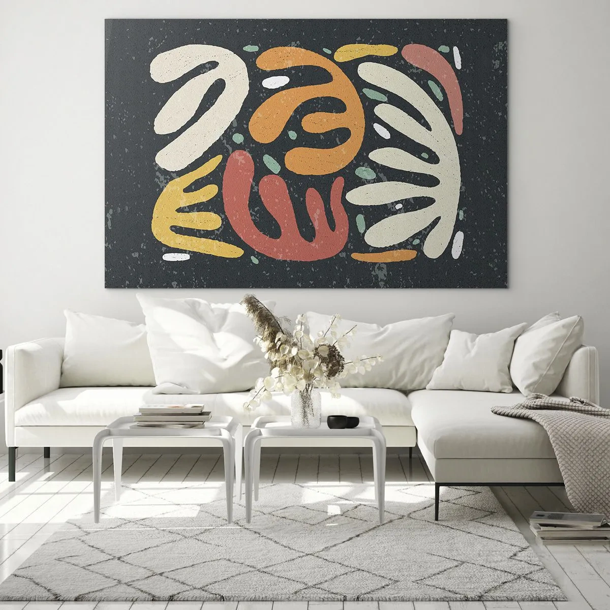 Obraz na szkle - Kolorowe organiczne kształty na ciemnym tle w stylu abstrakcyjnym - 70x50cm - Kompozycja – zaraz cię schwytam - Nowoczesna dekoracja ścienna do salonu i sypialni ARTTOR