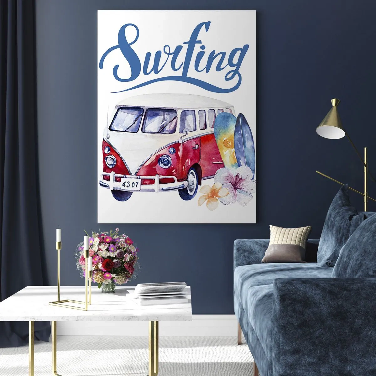 Obraz na szkle - Kolorowa grafika z busem i motywem surfingu - 70x100cm - Ogórek - klasyk dla surfera - Nowoczesna dekoracja ścienna do salonu i sypialni ARTTOR