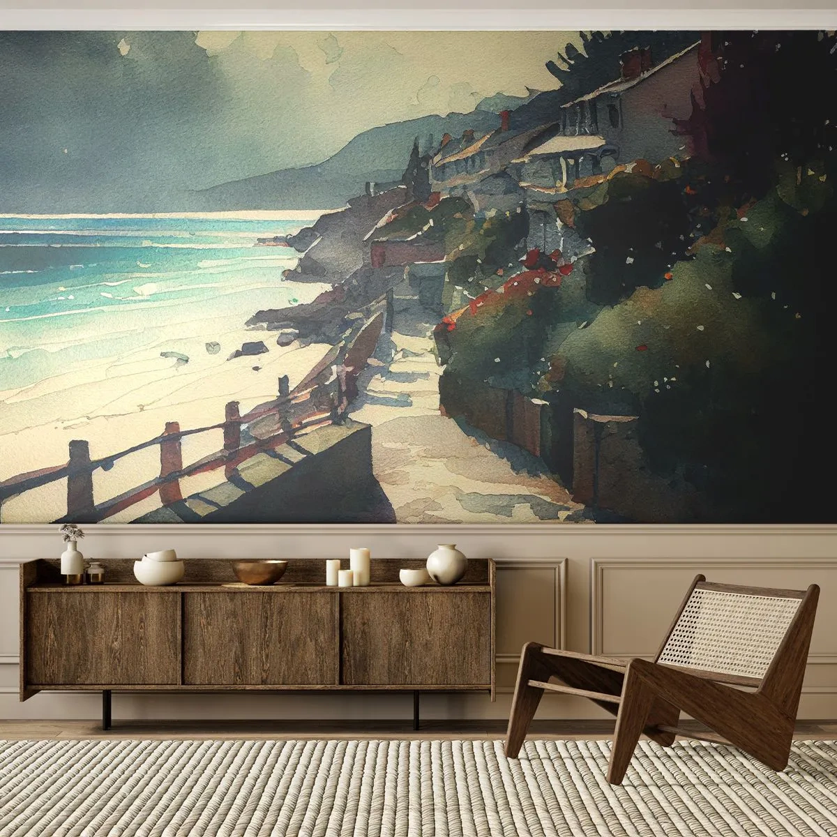 Fototapeta Premium Sand - Malownicza nadmorska promenada ze śródziemnomorskimi domami - 100x70cm - Śródziemnomorskie miasteczko - Nowoczesna dekoracja ścienna do salonu, kuchni i sypialni ARTTOR