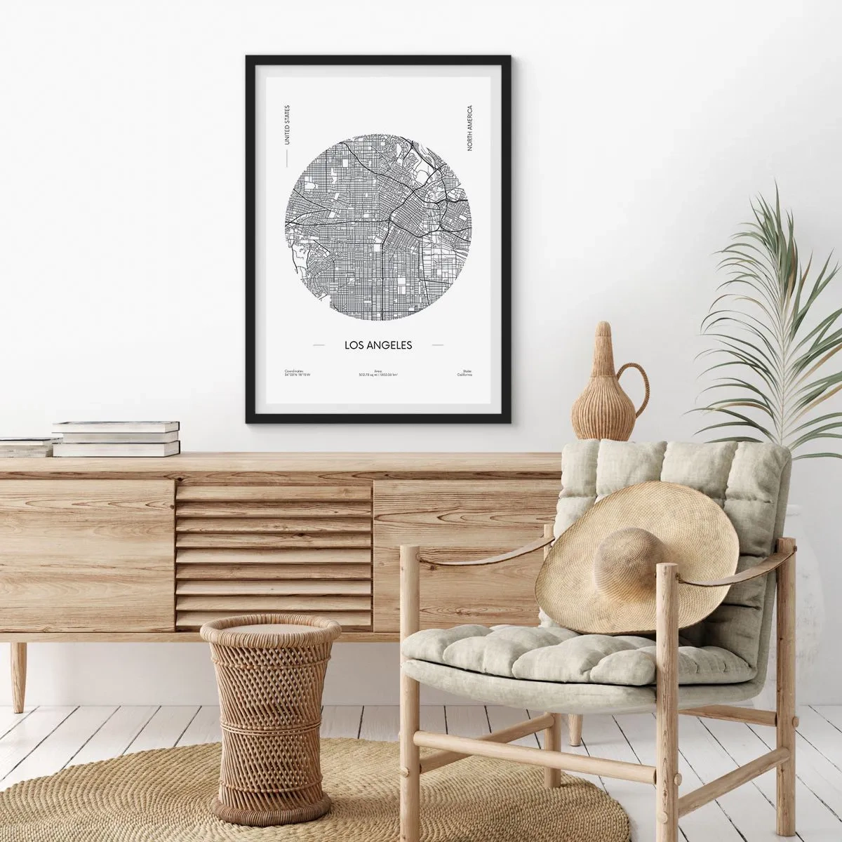 Plakat w czarnej ramie - Minimalistyczna mapa Los Angeles w czarno-białej tonacji - 50x70cm - Anatomia Los Angeles - Nowoczesna dekoracja ścienna do salonu i sypialni ARTTOR