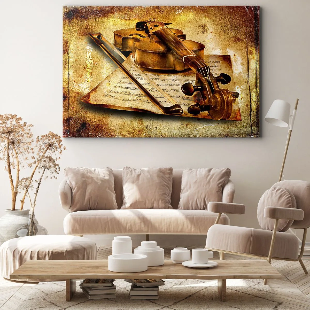 Obraz na płótnie - Skrzypce z nutami na tle w stylu vintage w ciepłych odcieniach - 120x80cm - Wirtuoz potrzebny od zaraz - Nowoczesna dekoracja ścienna do salonu, kuchni i sypialni ARTTOR