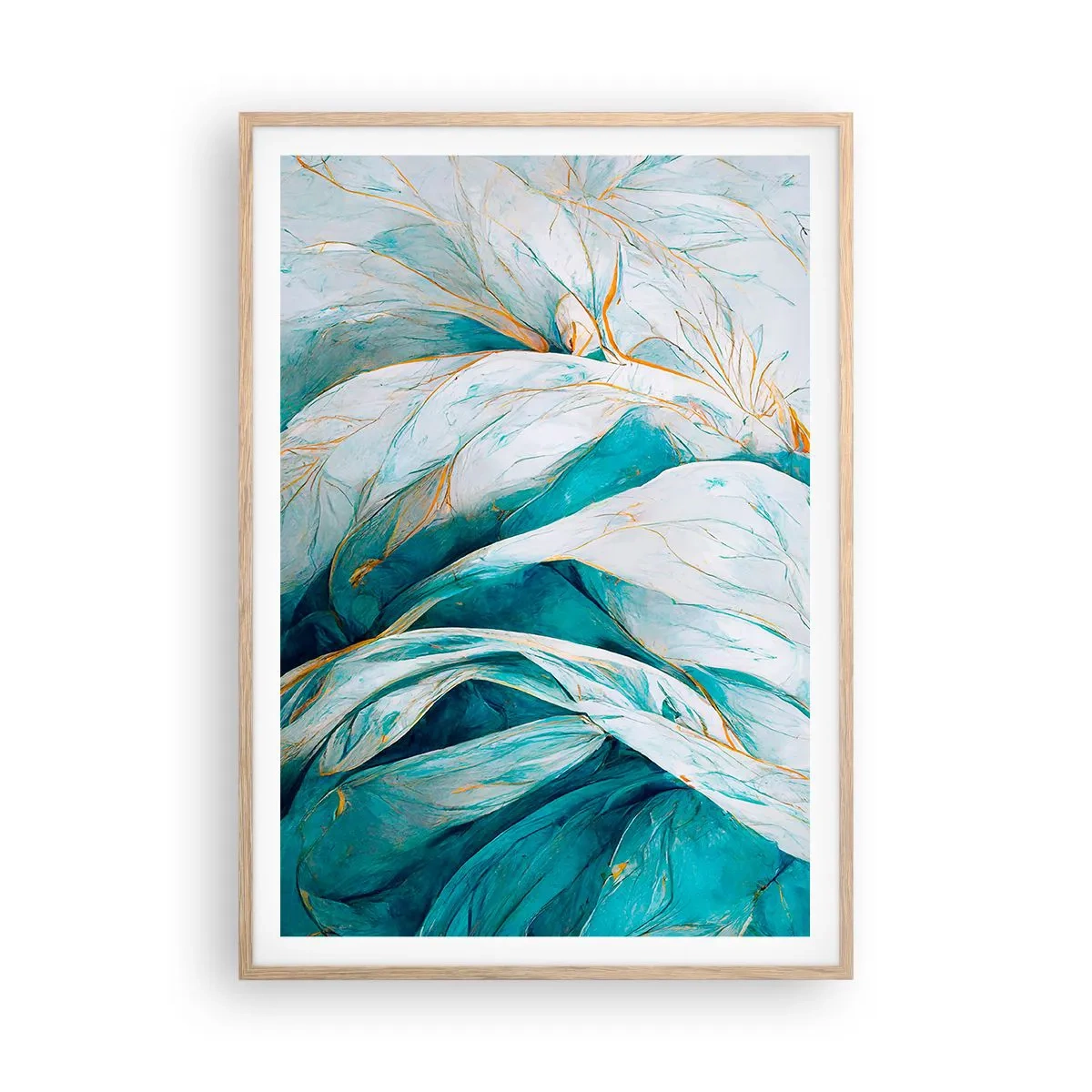 Plakat w ramie jasny dąb - Błękitna abstrakcja z motywem złota - 70x100 cm
