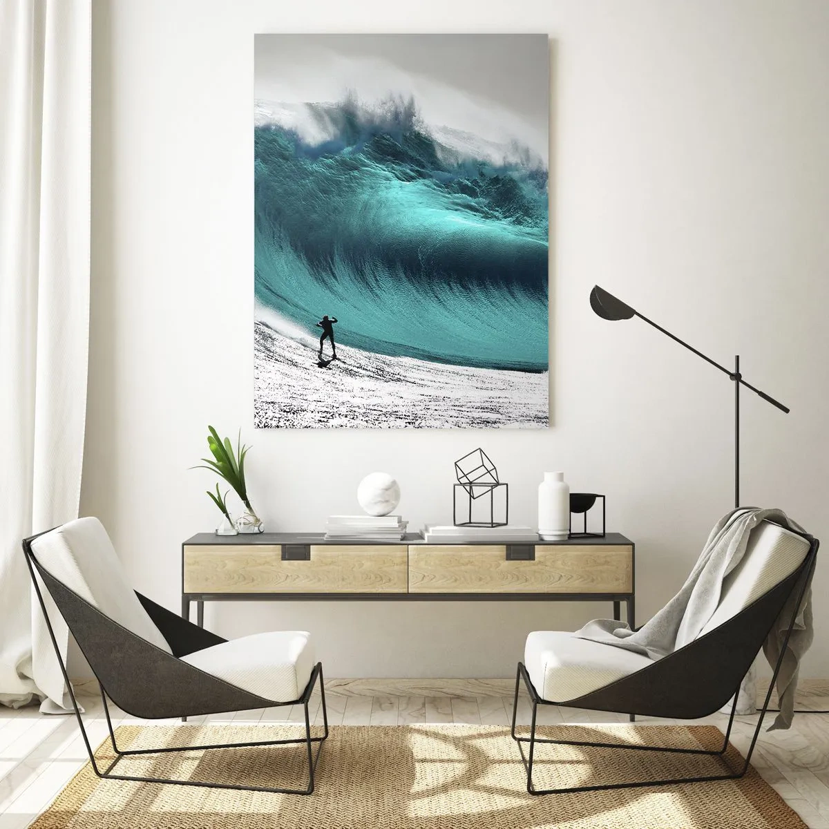 Obraz na szkle - Surfer przed ogromną falą - 80x120cm - Wyzwanie przyjęte - Nowoczesna dekoracja ścienna do salonu i sypialni ARTTOR