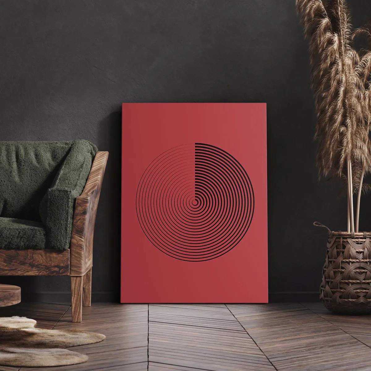 Obraz na płótnie - Geometryczny wzór koncentrycznych okręgów na czerwonym tle - 50x70cm - Ruch kolisty - Nowoczesna dekoracja ścienna do salonu, kuchni i sypialni ARTTOR