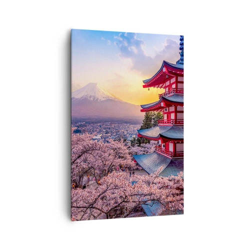 Obraz na płótnie - Pagoda w Japonii z kwitnącymi wiśniami i górą Fuji - 80x120cm - Esencja japońskiego ducha - Nowoczesna dekoracja ścienna do salonu i sypialni ARTTOR