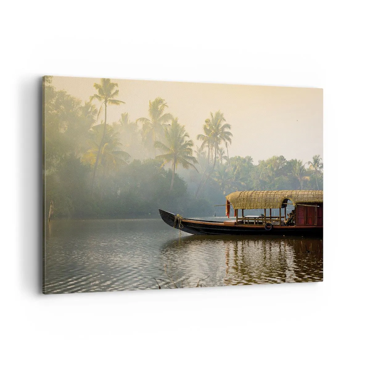 Obraz na płótnie - Tradycyjna łódź na spokojnej rzece wśród palm - 100x70cm - Dom na rzece - Nowoczesna dekoracja ścienna do salonu, kuchni i sypialni ARTTOR