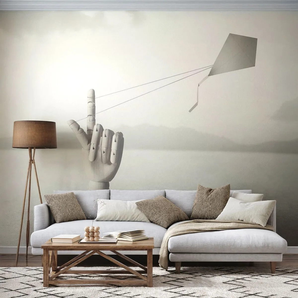 Fototapeta Premium Sand - Minimalistyczna ręka z latawcem na tle krajobrazu - 100x70cm - Próba sił - Nowoczesna dekoracja ścienna do salonu, kuchni i sypialni ARTTOR