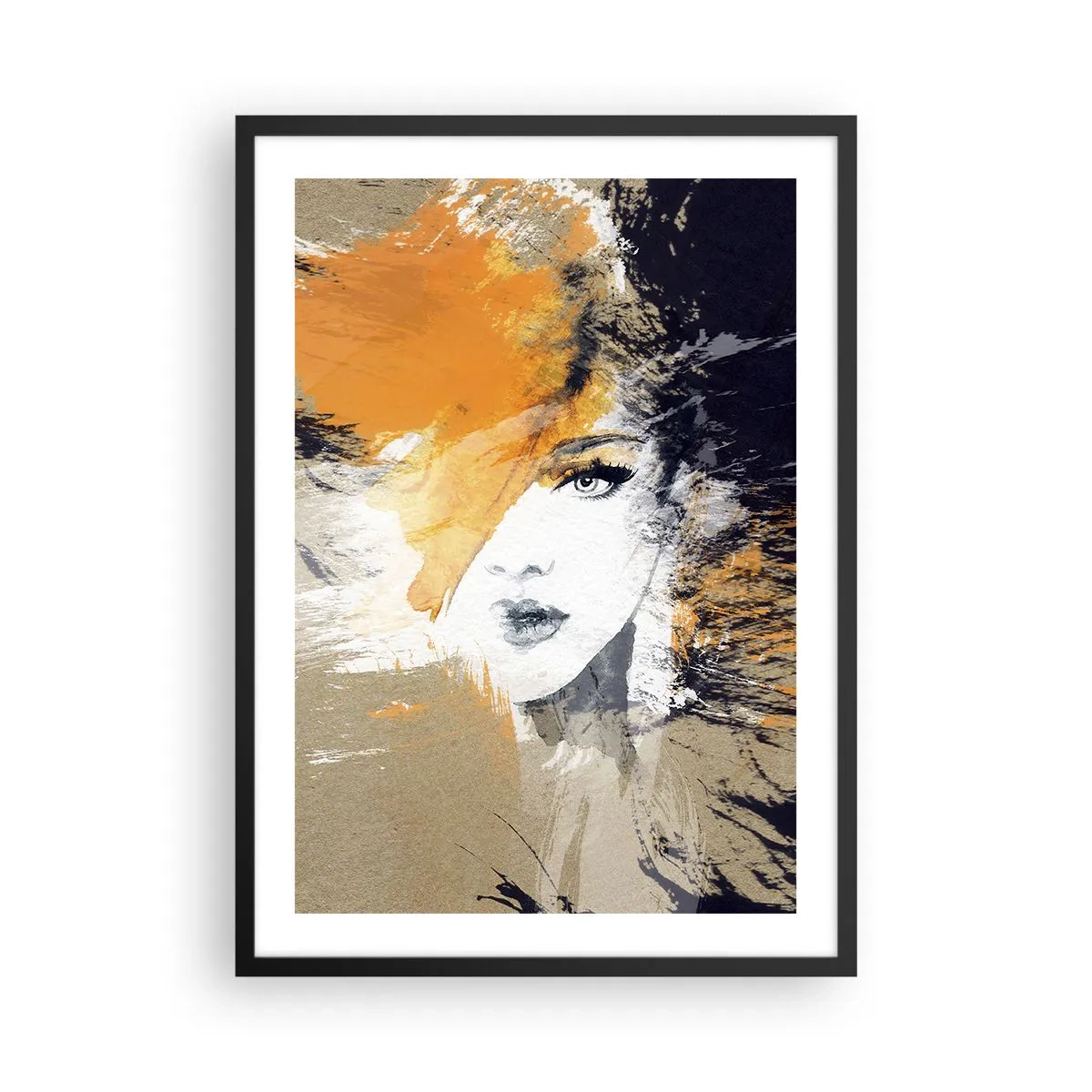 Plakat w czarnej ramie - Portret kobiety w artystycznym stylu z pomarańczowymi akcentami - 50x70cm - I staje się światło - Nowoczesna dekoracja ścienna do salonu i sypialni ARTTOR