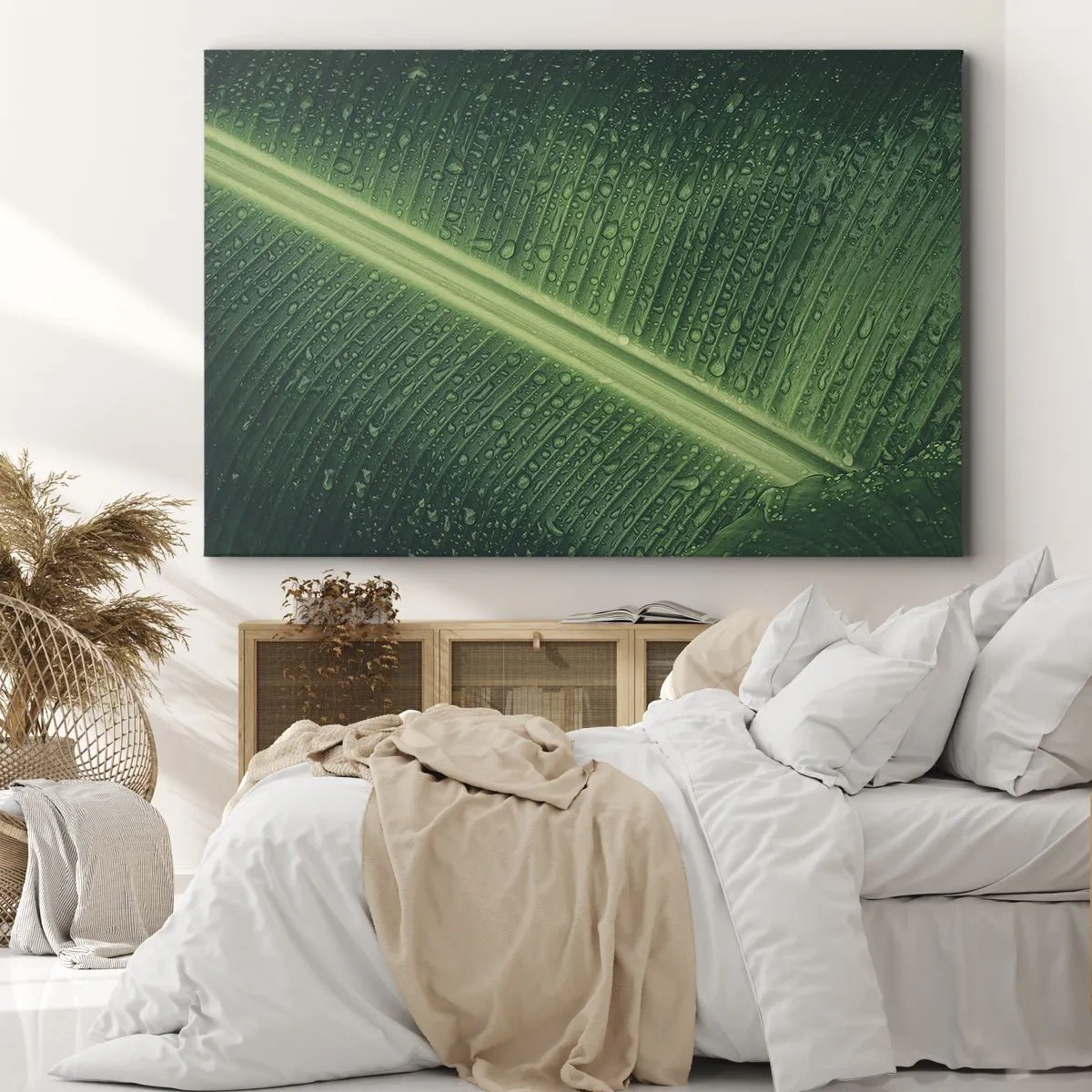 Obraz na płótnie - Zielony liść z kroplami wody na powierzchni - 70x50cm - Struktura zieleni - Nowoczesna dekoracja ścienna do salonu i sypialni ARTTOR