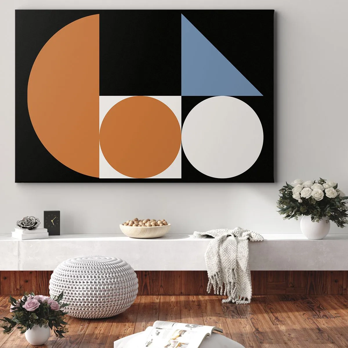 Obraz na płótnie - Geometryczny wzór z kolorowymi kształtami na czarnym tle - 70x50cm - Układ figurowy - Nowoczesna dekoracja ścienna do salonu i sypialni ARTTOR