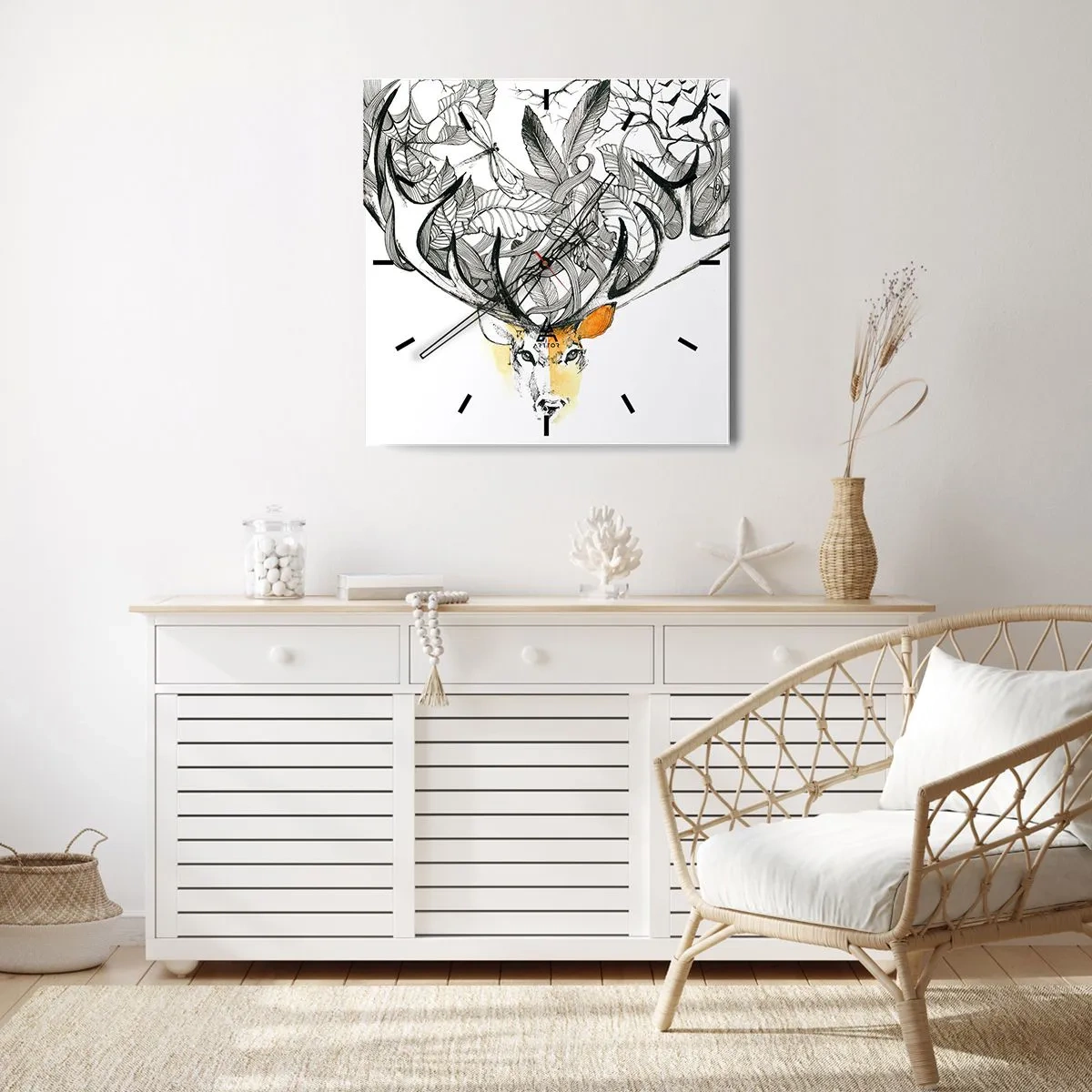 Zegar ścienny - Subtelna grafika jelenia z ozdobnymi porożami - 30x30cm - Rogi obfitości - Nowoczesna dekoracja ścienna do salonu i sypialni ARTTOR