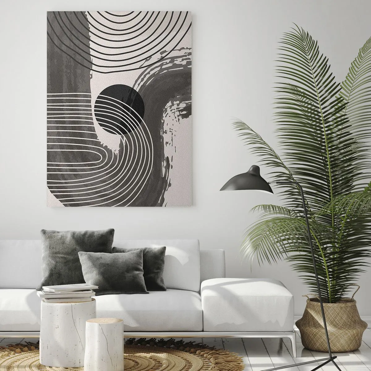 Obraz na szkle - Nowoczesna abstrakcja z czarnymi i białymi liniami i owalem - 50x70cm - Owal zwycięża - Nowoczesna dekoracja ścienna do salonu, kuchni i sypialni ARTTOR