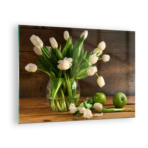 Obraz na szkle - Wazon z białymi tulipanami i zielonymi jabłkami na drewnianym stole - 70x50cm - Soczyste i świeże w zieleni i bieli - Nowoczesna dekoracja ścienna do salonu i sypialni ARTTOR