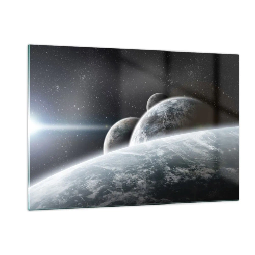 Obraz na szkle - Planety w kosmicznej przestrzeni z promieniem światła - 120x80cm - Kosmiczna muzyka sfer - Nowoczesna dekoracja ścienna do salonu, kuchni i sypialni ARTTOR