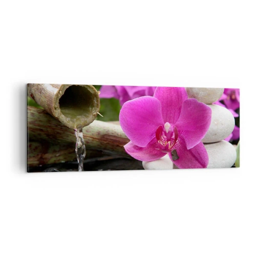 Obraz na płótnie - Fioletowa orchidea, kamienie i bambus z wodą w relaksacyjnym otoczeniu - 140x50cm - Już odpoczywasz - Nowoczesna dekoracja ścienna do salonu i sypialni ARTTOR