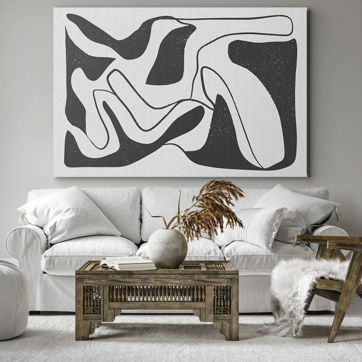 Obraz na płótnie - Czarno-biała abstrakcja z organicznymi kształtami - 70x50cm - Abstrakcyjna zabawa w labiryncie - Nowoczesna dekoracja ścienna do salonu i sypialni ARTTOR