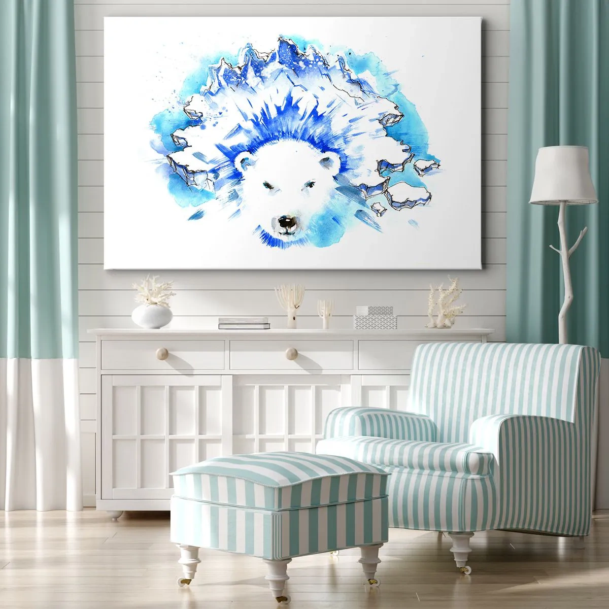 Obraz na płótnie - Artystyczna akwarela niedźwiedzia polarnego z lodowym motywem - 100x70cm - Król Arktyki w lodowej koronie - Nowoczesna dekoracja ścienna do salonu, kuchni i sypialni ARTTOR