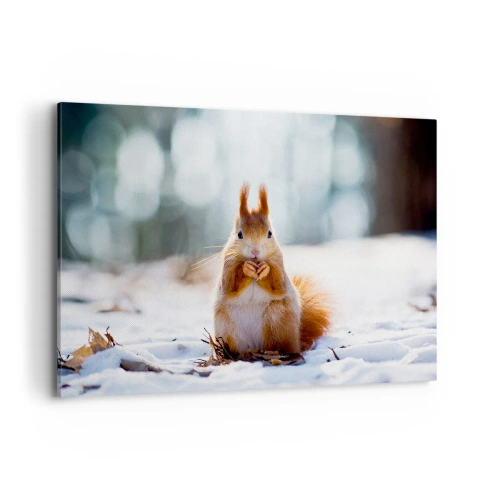 Obraz na płótnie - Wiewiórka w zimowym krajobrazie - 100x70cm - I co tak patrzysz? - Nowoczesna dekoracja ścienna do salonu, kuchni i sypialni ARTTOR