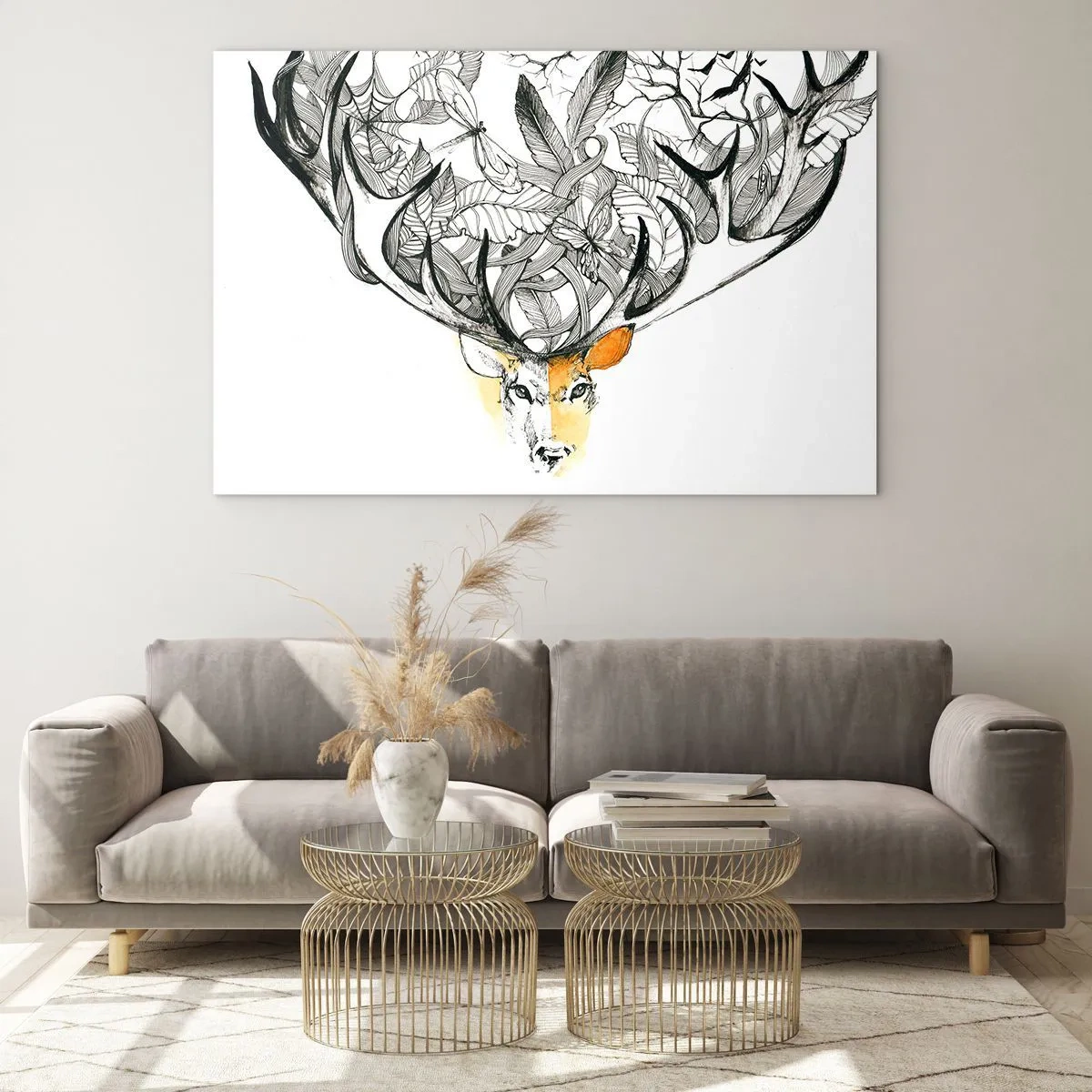Obraz na szkle - Rysunek jelenia z fantazyjnymi porożami - 70x50cm - Rogi obfitości - Nowoczesna dekoracja ścienna do salonu i sypialni ARTTOR