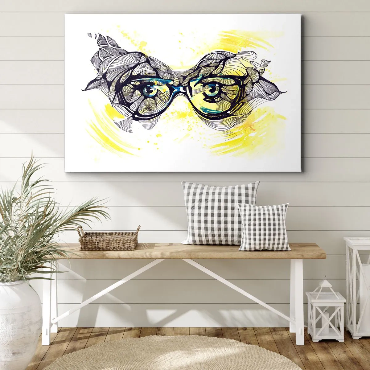 Obraz na płótnie - Artystyczna grafika okularów z wyrazistymi oczami - 120x80cm - Przez błękitne okulary - Nowoczesna dekoracja ścienna do salonu, kuchni i sypialni ARTTOR