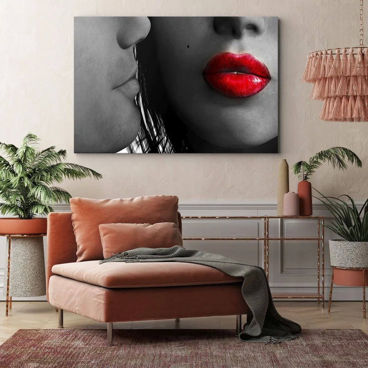 Obraz na płótnie - Zbliżenie na twarze kobiety i mężczyzny z czerwonymi ustami. - 70x50cm - Twarz przy twarzy - Nowoczesna dekoracja ścienna do salonu i sypialni ARTTOR