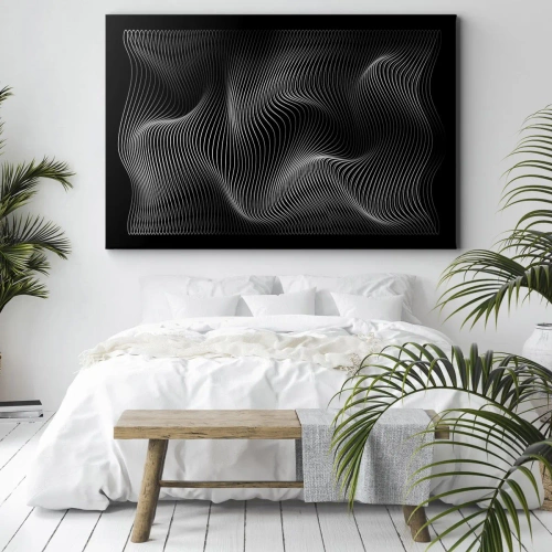 Obraz na płótnie - Taniec światła w przestrzeni - Abstrakcyjne białe linie na czarnym tle - 70x50cm