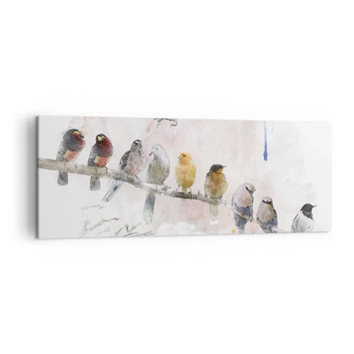 Obraz na płótnie - Kolorowe ptaki na gałęzi w akwarelowym stylu - 140x50cm - Skrzydlate spotkanie - Nowoczesna dekoracja ścienna do salonu i sypialni ARTTOR