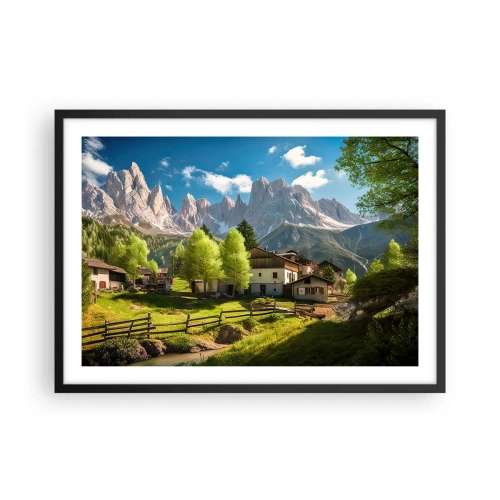 Plakat w czarnej ramie - Górska wioska z domami i widokiem na szczyty Alp - 70x50cm - Alpejska sielanka - Nowoczesna dekoracja ścienna do salonu i sypialni ARTTOR