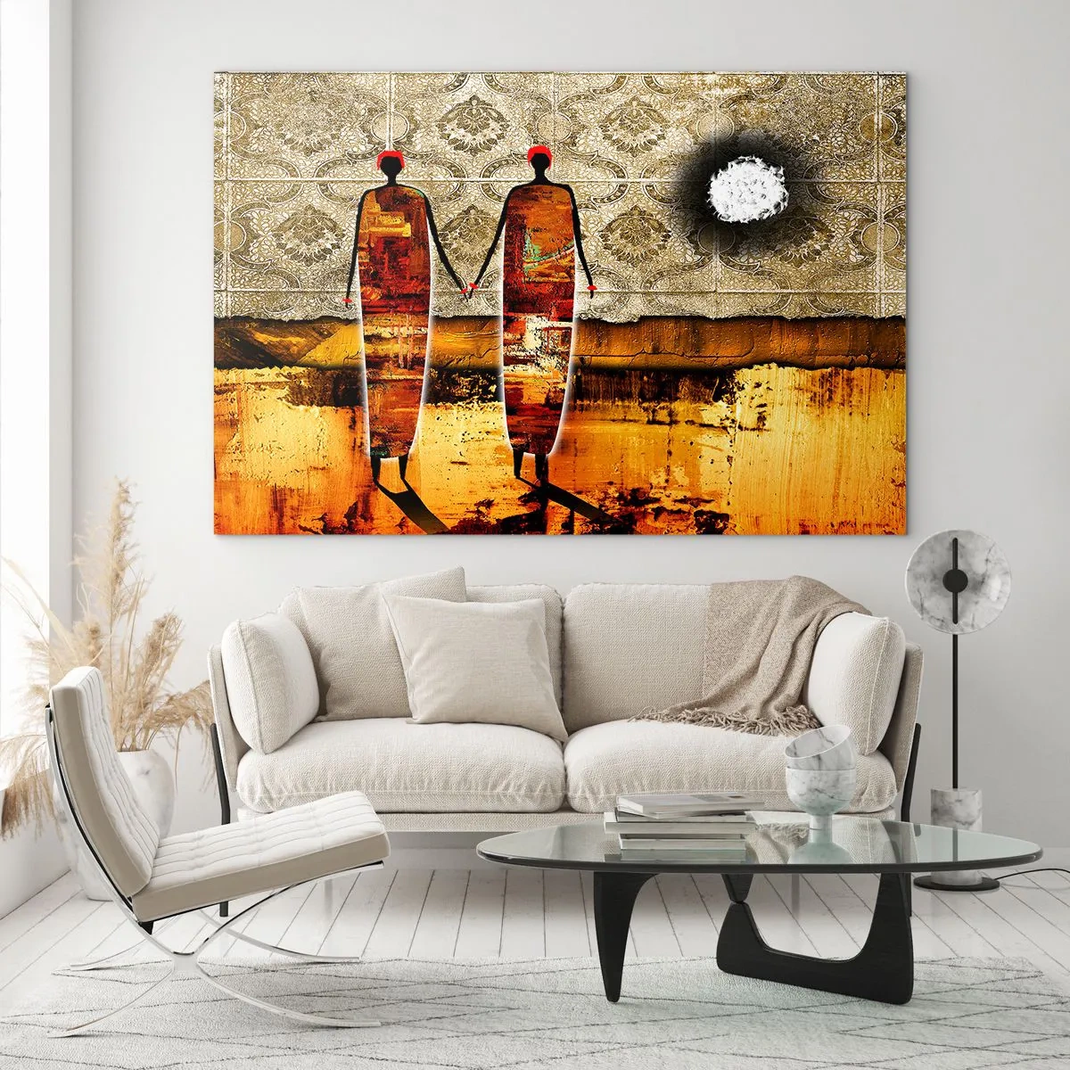 Obraz na szkle - Dwie abstrakcyjne postacie na tle ornamentu i złotych odcieni - 70x50cm - Kompozycja etniczna w kolorach Afryki - Nowoczesna dekoracja ścienna do salonu i sypialni ARTTOR