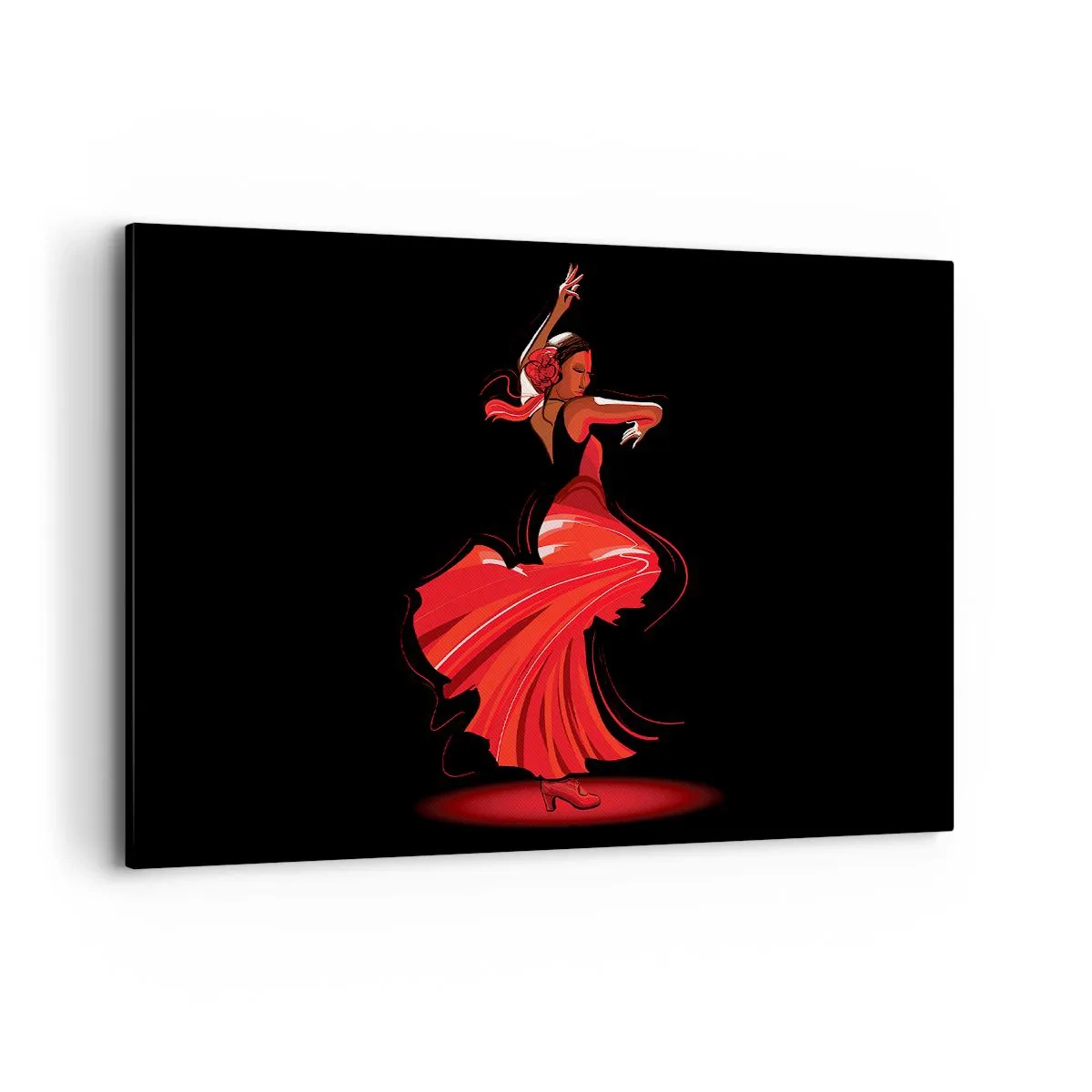 Obraz na płótnie - Tancerka flamenco w czerwonej sukni na czarnym tle - 120x80cm - Ognisty duch flamenco - Nowoczesna dekoracja ścienna do salonu, kuchni i sypialni ARTTOR
