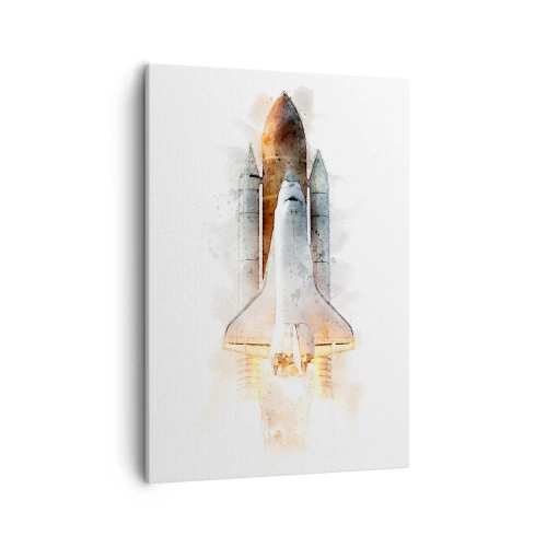 Obraz na płótnie - Akwarelowa ilustracja startującego promu kosmicznego - 50x70cm - Odkrywcy na start - Nowoczesna dekoracja ścienna do salonu, kuchni i sypialni ARTTOR