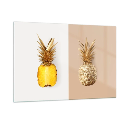 Obraz na szkle - Przekrojony i złoty ananas na dwóch kontrastowych tłach - 120x80cm - Ananas dla nas - Nowoczesna dekoracja ścienna do salonu, kuchni i sypialni ARTTOR