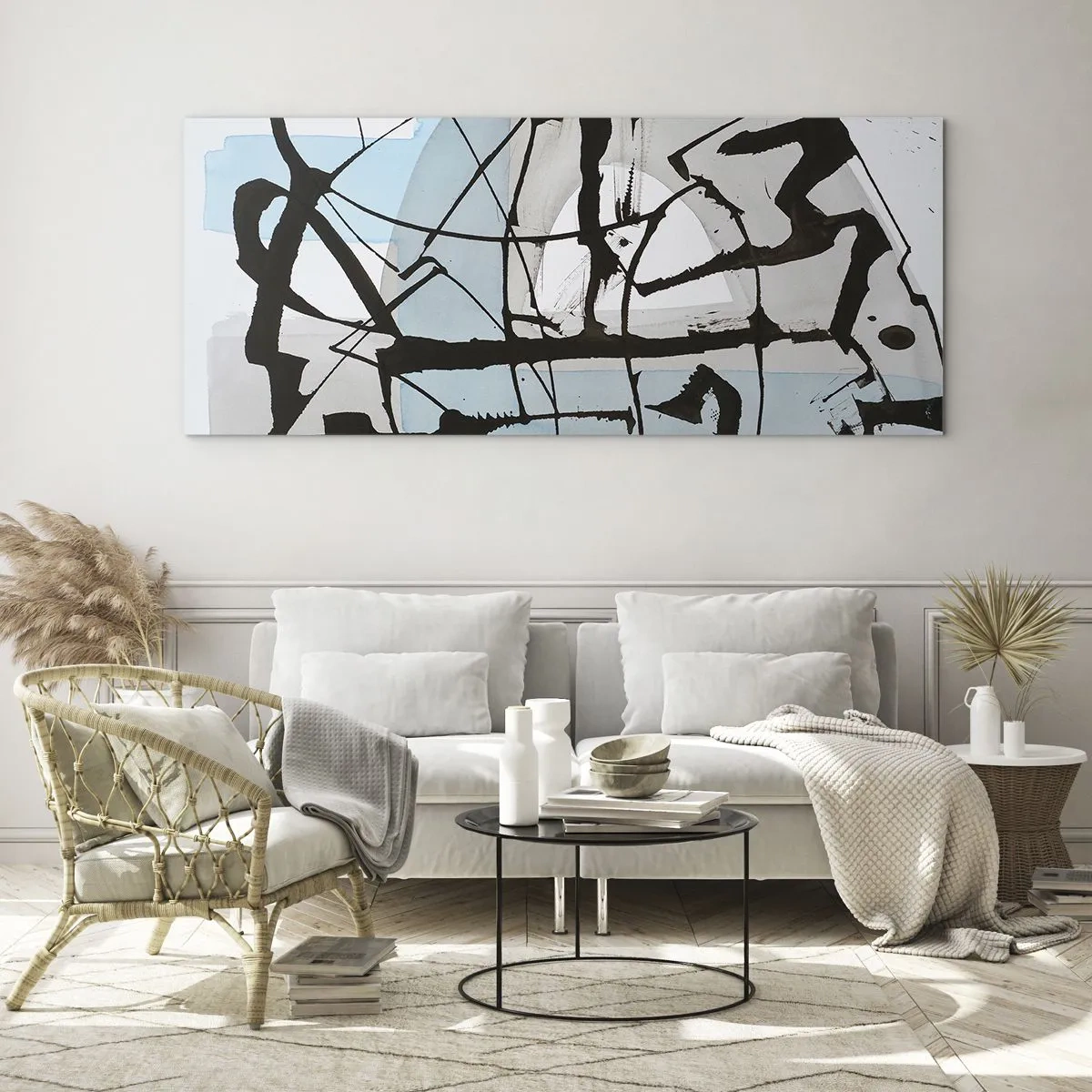 Obraz na szkle - Abstrakcyjne linie i kształty w błękicie i czerni - 120x50cm - Mimo wszystko błękitny - Nowoczesna dekoracja ścienna do salonu i sypialni ARTTOR