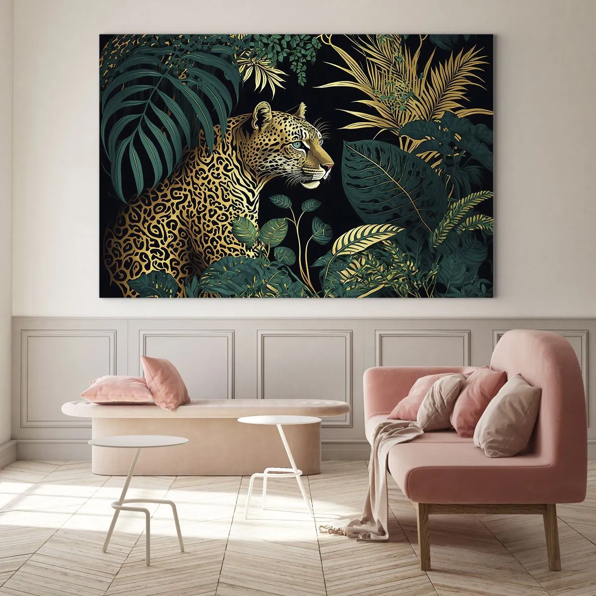 Obraz na szkle - Lampart pośród tropikalnych liści na ciemnym tle - 70x50cm - Gospodarz w dżungli - Nowoczesna dekoracja ścienna do salonu i sypialni ARTTOR
