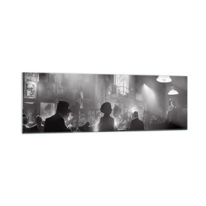 Obraz na szkle - Czarno-biała scena jazzowego klubu nocnego - 160x50cm - W jazzowym klimacie - Nowoczesna dekoracja ścienna do salonu i sypialni ARTTOR