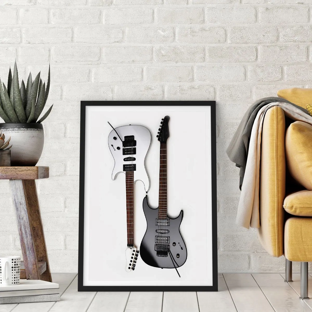 Plakat w czarnej ramie - Nowoczesne gitary elektryczne na białym tle - 50x70cm - Harmonia kształtów - Nowoczesna dekoracja ścienna do salonu i sypialni ARTTOR