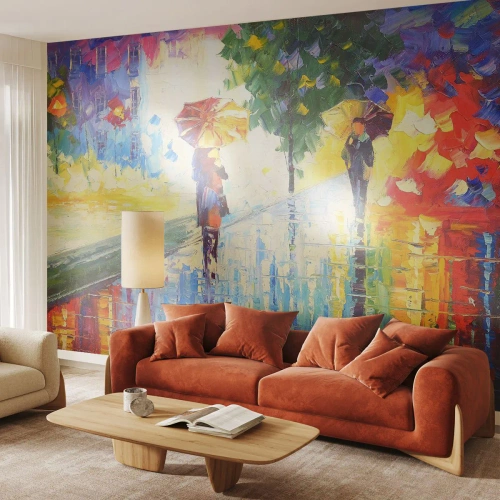 Fototapeta Premium Canvas - Spacer z parasolką w kolorowym deszczowym pejzażu - 100x70cm - I wszystko jasne - Nowoczesna dekoracja ścienna do salonu i sypialni ARTTOR