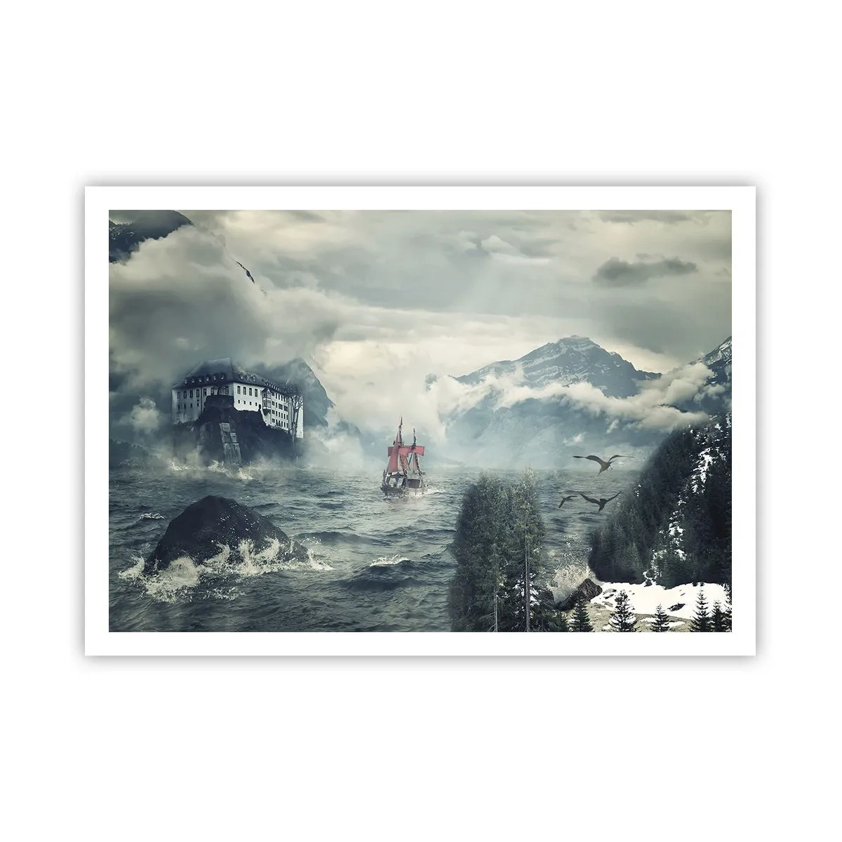 Plakat - Tajemniczy krajobraz z zamkiem, górami i statkiem - 100x70cm - Na magicznych wodach - Nowoczesna dekoracja ścienna do salonu i sypialni ARTTOR